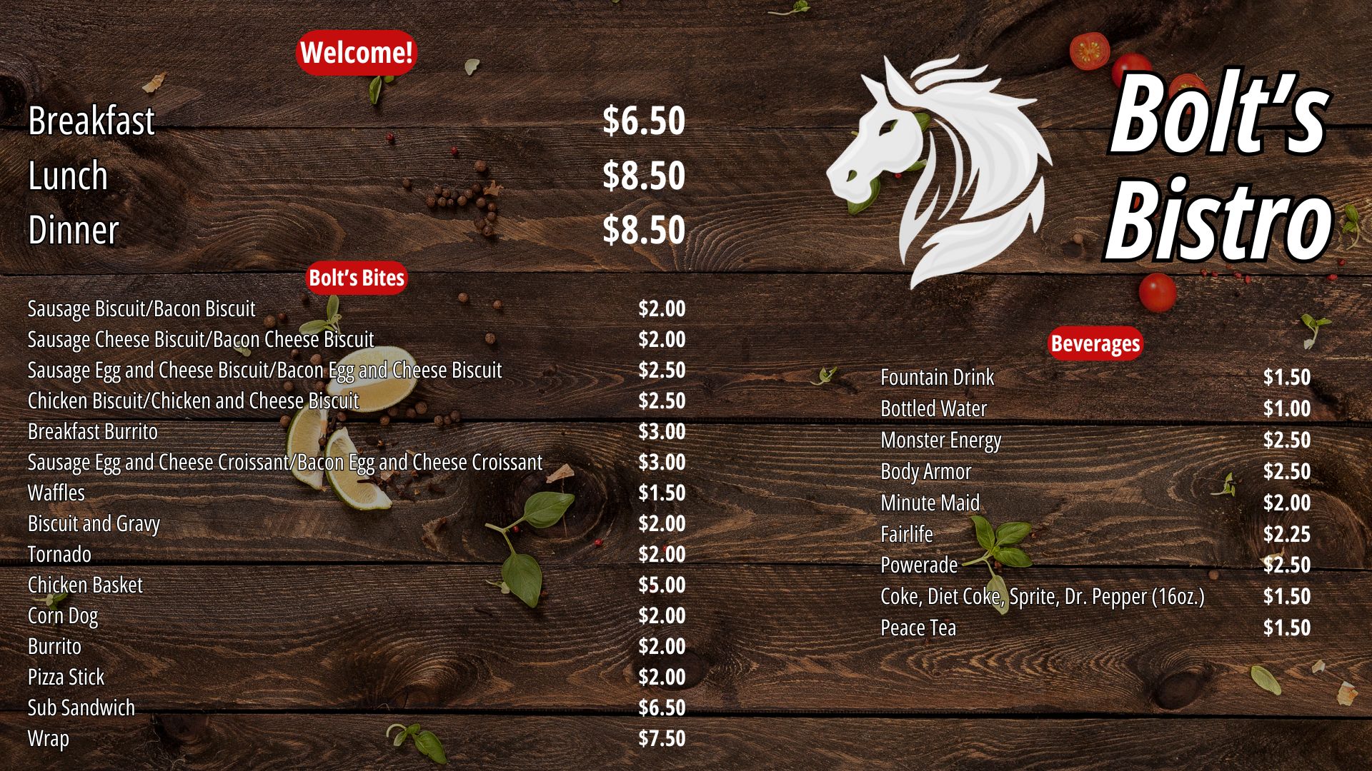 Bolts Bistro Menu