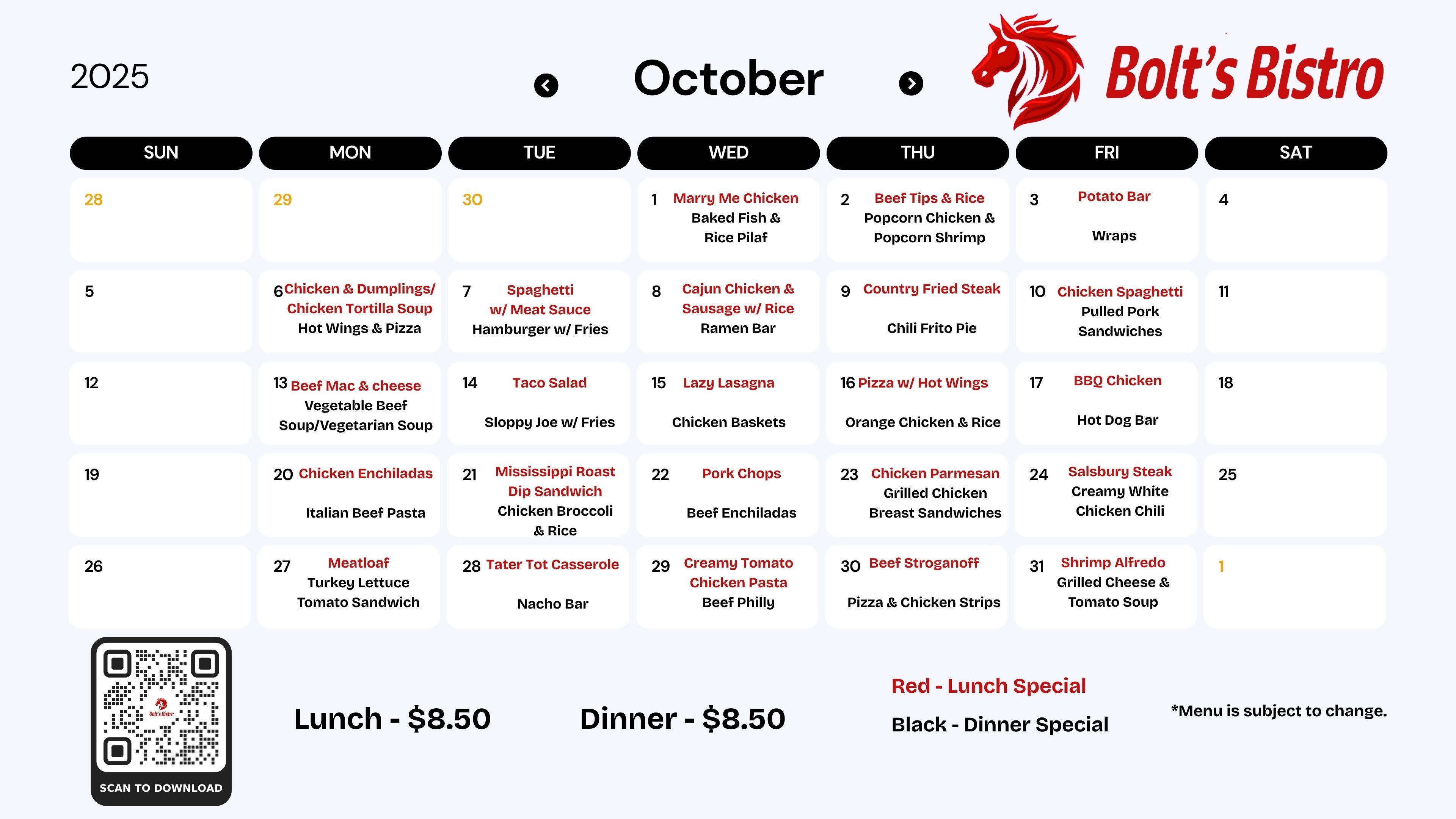 October 2025 Menu